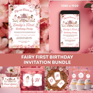 Puede incluir: Un paquete de invitaciones de primer cumpleaños con temática de hadas. Incluye invitaciones, banderas de pancarta, etiquetas de comida y adornos para pasteles. La invitación presenta el texto "Fly on Over to Emily's First Birthday Party". Las banderas de pancarta miden 12,7 x 17,8 cm.