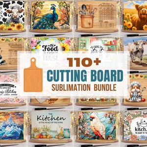 Könnte beinhalten: Ein Bundle mit über 110 Sublimationsdesigns für Schneidebretter. Die Designs zeigen eine Vielzahl von Themen, darunter Tiere, Essen und küchenbezogene Sprüche. Die Designs sind in verschiedenen Farben und Stilen gehalten.