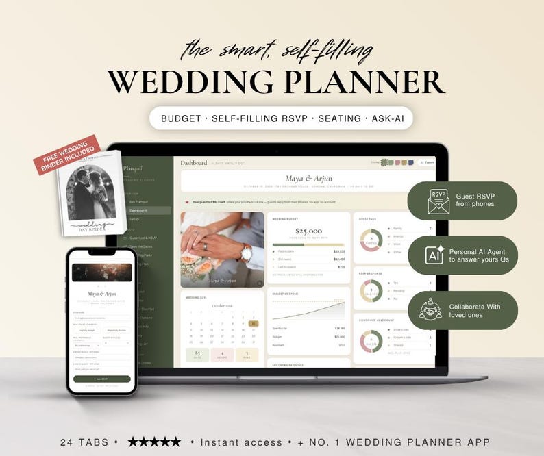 May include: A digital wedding planner dashboard displayed on a laptop and smartphone screen. The interface features budget tracking, guest RSVP management, seating charts, and AI assistance. Text includes "the smart, self-filling WEDDING PLANNER" and "24 TABS".
