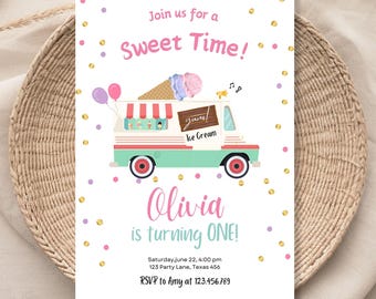 May include: A pink and white ice cream van invitation with a pink and white ice cream cone on top. The invitation says "Join us for a Sweet Time! Olivia is turning ONE!" with details for the party.