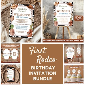 Editable Cowboy 1st Birthday Bundle– First Rodeo Party Set, Western Theme Template for Boy’s Milestone Celebration, S0018