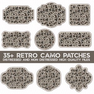 May include: A collection of nine retro camo patches in various shapes, including rectangles, circles, and irregular forms. The patches feature a brown and tan camouflage pattern. Text at the bottom reads "35+ RETRO CAMO PATCHES" and "DISTRESSED AND NON DISTRESSED HIGH QUALITY FILES."