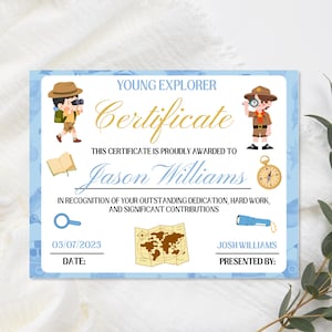 Certificato per giovani esploratori – Modello di premio stampabile – Certificato di successo divertente per bambini – Design personalizzabile