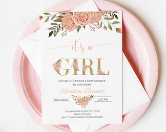 EDITABLE Invitation Blush Pink Floral Baby Shower Invitation It’s a girl Printable Baby Shower Invite Template, Sweet Girl Instant Downl 077