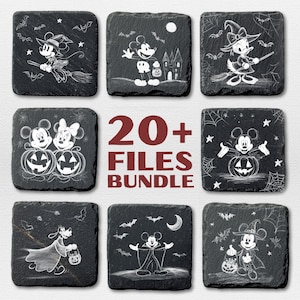 May include: A collection of black slate coasters with white etched Halloween-themed designs. The coasters feature characters like Mickey Mouse, Minnie Mouse, and Donald Duck in various spooky costumes. The text "20+ FILES BUNDLE" is also visible.