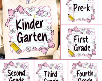 Pacchetto "Ritorno a scuola" in formato PNG, stampa a sublimazione "Girly Coquette", fiocco rosa per bambini in età prescolare (1a/2a/3a/4a elementare), maglietta "Primo giorno di scuola per insegnanti preppy"