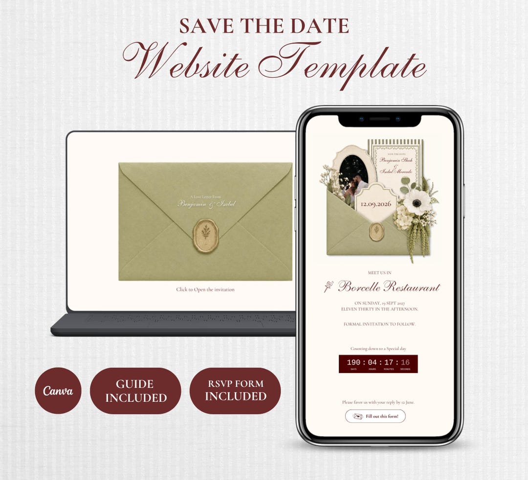 Save the Date Website Template | Elegant Olive Green | Digital Wedding Invitation with RSV