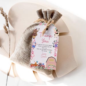 Editable Farm Birthday Party Favor Tag Printable Barnyard Farm Animals First Birthday, Girl Pink Gift Tag Template 1197