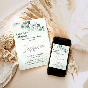 EDITABLE Eucalyptus Baby Shower Invitation, Greenery Baby Shower Electronic Invitation Phone Template 1226