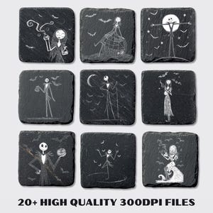 May include: Nine square black slate coasters with white illustrations of characters and scenes from The Nightmare Before Christmas. Each coaster features a different design, including Jack Skellington and Sally. The text "20+ HIGH QUALITY 300DPI FILES" is at the bottom.