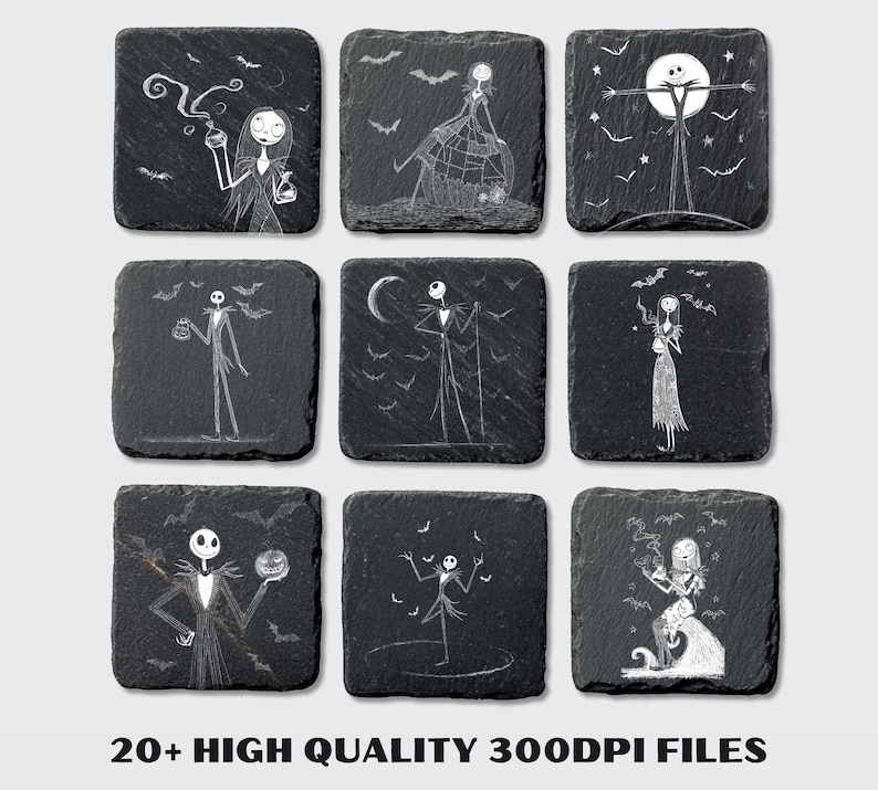May include: Nine square black slate coasters with white illustrations of characters and scenes from The Nightmare Before Christmas. Each coaster features a different design, including Jack Skellington and Sally. The text "20+ HIGH QUALITY 300DPI FILES" is at the bottom.