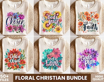 50+ Christian Floral PNG Bundle, Jesus PNG, Bible Verses, Inspirational Quotes, Faith Shirt PNG, Religious Sublimation Designs