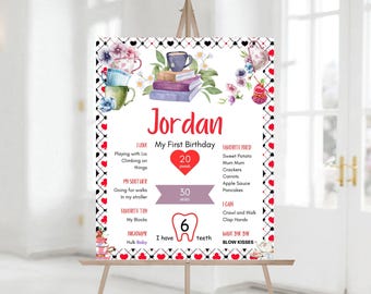 May include: A white and red first birthday milestone poster with a teacup theme. The poster features the name Jordan, the child's age, weight, and other milestones. The poster is decorated with teacups, books, and flowers.