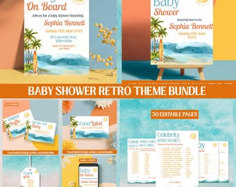 Paquete de invitaciones para baby shower con temática de surf: set de invitaciones "Bebé a bordo", decoración de tabla de surf y plantillas editables