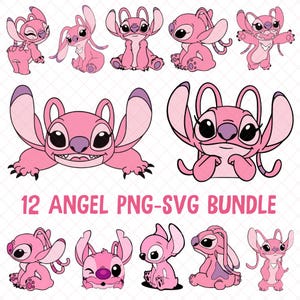 Puede incluir: Colección de doce archivos PNG y SVG del personaje Angel en color rosa. Las ilustraciones muestran a Angel en varias poses, con orejas grandes, ojos expresivos y una actitud juguetona. El texto "12 ANGEL PNG-SVG BUNDLE" se muestra debajo.