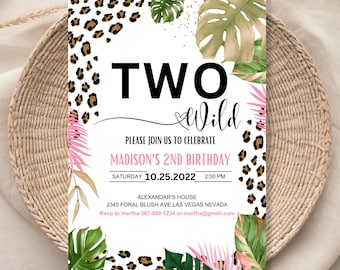 Editable Two Wild Leopard Print Jungle Birthday Party Invitation Leopard Print Invite Born Two Wild Template Digital Instant Download 1111