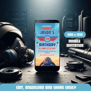 Editable Fighter Pilot Birthday Invitation Mobile Template – Jet Pilot Theme Celebration, Top Pilot Party Design, Fighter Jet Birthday S0013