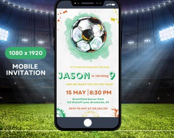 Editable Soccer Birthday Mobile Invitation Template, Digital Football Party Design, Canva File for Kids, Let’s Kick Up Some Fun Theme S0011