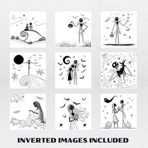 May include: Nine black and white illustrations depicting scenes and characters from a Halloween-themed animated film. The images include characters on a hill, holding pumpkins, and in romantic poses. The text "INVERTED IMAGES INCLUDED" is at the bottom.