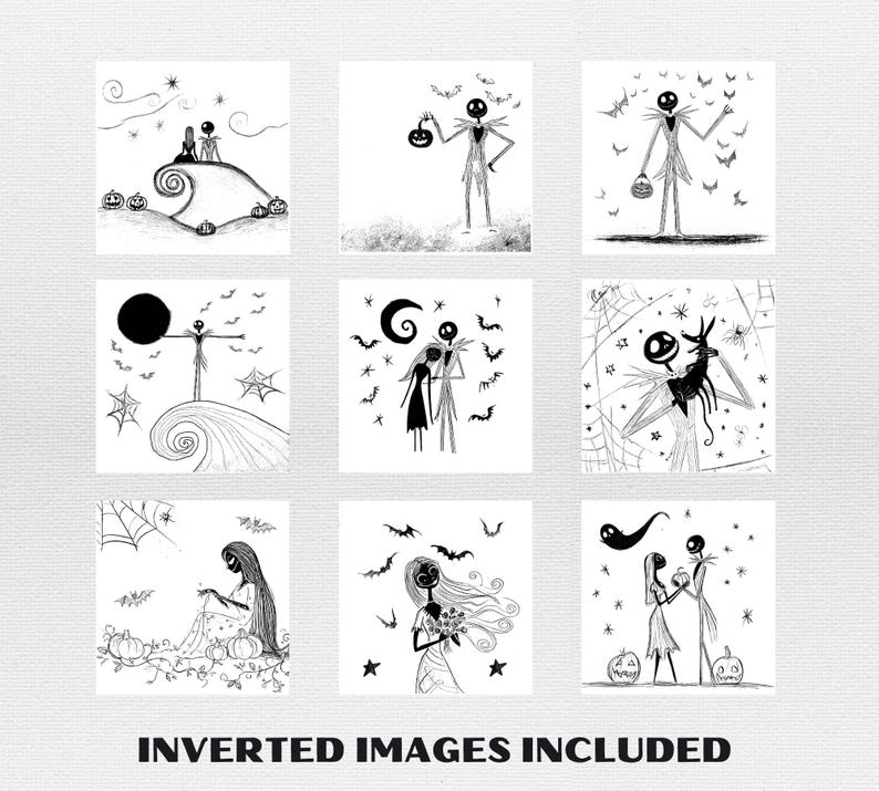 May include: Nine black and white illustrations depicting scenes and characters from a Halloween-themed animated film. The images include characters on a hill, holding pumpkins, and in romantic poses. The text "INVERTED IMAGES INCLUDED" is at the bottom.