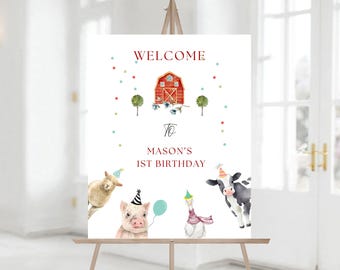 Editable Farm Animals Birthday Welcome Sign| Boy Farm Barnyard First Birthday Party Animals Confetti Welcome Sign Template 070