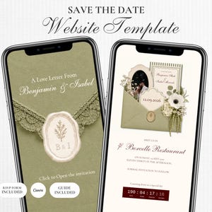 May include: Two smartphones displaying a Save the Date website template. The screens show a sage green envelope with lace trim, a wax seal with B & I, and text including A Love Letter From Benjamin & Isabel, Borcelle Restaurant, and a countdown timer.