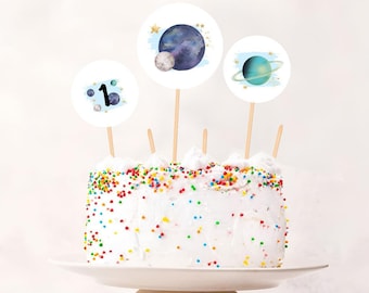 Topo de bolo espacial para impressão, centro de mesa espacial, festa de aniversário espacial, decoração de mesa de galáxia, menino astronauta, planetas, aquarela digital 121