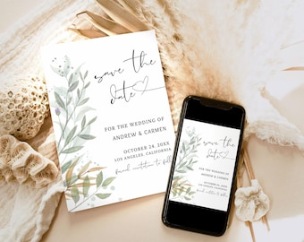Save The Date Template, Eucalyptus Save the Date Digital Download, Smartphone, Greenery Save the Date Digital Template, Editable templat 053