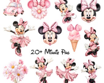 20+ Minnie Mouse roze aquarel schattige digitale kit, digitale kit, aquarel clipart voor kinderen, PNG 300 DPI, baby Minnie Mouse roze