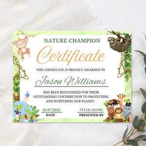 Certificato di Campione della Natura – Modello di premio stampabile – Certificato di successo divertente per bambini – Design personalizzabile