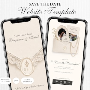 May include: Two smartphones displaying a Save the Date website template. The screens show cream-colored backgrounds with elegant script text, an envelope graphic with a wax seal, lace details, pearl strands, and a countdown timer for a wedding event.