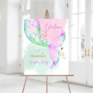 Editable Mermaid Birthday Welcome Sign Girl Birthday Girl Pink Aqua Purple Gold Mermaid Birthday Under The Sea Decor Sign Template 1124