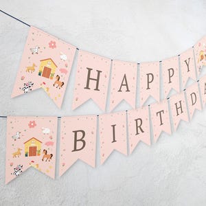 Happy Birthday Banner Pink Farm Birthday Banner Farm Animals Girl Barnyard Birthday Decorations Instant Download PRINTABLE DIGITAL DIY 059