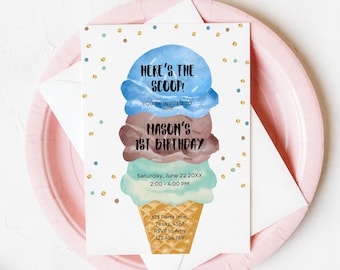 Editable Ice Cream Birthday Invitation First Birthday Party Here's the Scoop Cone Blue Mint Chocolate Boy Printable Template 016