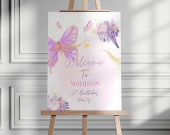 Editable Butterfly Welcome Sign Butterfly Birthday Party Butterfly Party Garden Girl Pink Gold Floral Purple Template PRINTABLE 536