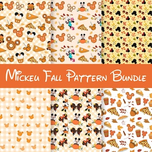 May include: A collection of fall-themed patterns featuring Mickey Mouse, Minnie Mouse, and autumn elements. The patterns include pumpkins, pizza slices, cupcakes, and fall leaves. The text "Mickey Fall Pattern Bundle" is displayed in orange.