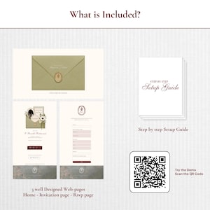 May include: A digital wedding invitation suite including a sage green envelope with a wax seal, three web pages featuring a home, invitation, and RSVP page, a printed step-by-step setup guide, and a QR code for a demo of the website design.