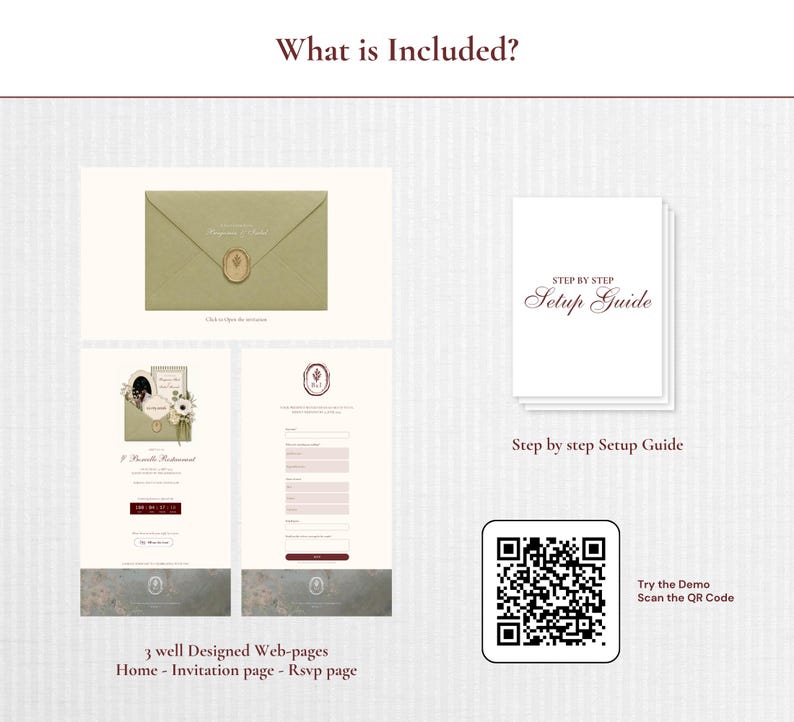 May include: A digital wedding invitation suite including a sage green envelope with a wax seal, three web pages featuring a home, invitation, and RSVP page, a printed step-by-step setup guide, and a QR code for a demo of the website design.