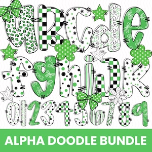 May include: A whimsical alpha doodle bundle featuring letters and numbers in green, black, and white. The letters and numbers have various patterns, including leopard print, polka dots, and stripes, with decorative bows and stars. The text "ALPHA DOODLE BUNDLE" is at the bottom.