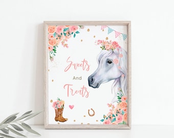 Sweets and Treats Sign Horse Party Sign Table Decor Floral Horse Birthday Cowgirl Horse Favors Farm Horseback Riding Download PRINTABLE 058
