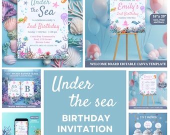 Oneder the Sea 誕生日テンプレートセット、海中編集可能デザイン、1歳の誕生日のお祝い、海の動物テーマ S0016
