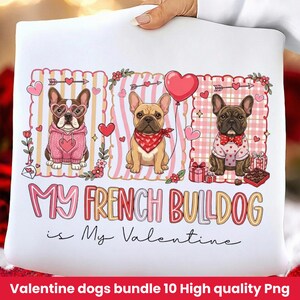 Peut inclure: Taie d'oreiller blanche avec trois illustrations de bouledogues fran&ccedil;ais en tenues de Saint-Valentin. L'expression "My French Bulldog is My Valentine" est imprim&eacute;e en dessous. Les chiens portent des pulls, des bandanas et des n&oelig;uds papillon.