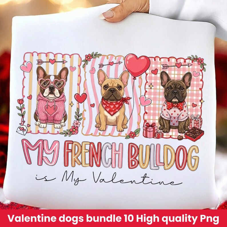 Peut inclure: Taie d'oreiller blanche avec trois illustrations de bouledogues fran&ccedil;ais en tenues de Saint-Valentin. L'expression "My French Bulldog is My Valentine" est imprim&eacute;e en dessous. Les chiens portent des pulls, des bandanas et des n&oelig;uds papillon.