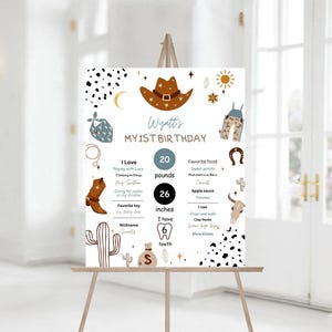 May include: A white poster with a cowboy theme for a baby's first birthday. The poster features a cowboy hat, boots, cacti, and a skull. It includes the baby's name, Wyatt, and details about their first year, such as their weight, height, and number of teeth. The poster is decorated with stars, moons, and a sun.
