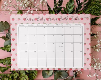 Editable Strawberry Baby Shower Due Date Calendar, Guess Birth Date, Guess Baby Birthday Calendar, Berry Sweet Baby on the Way 1152