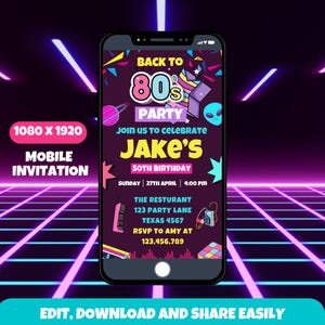 Modèle d'invitation mobile de fête des années 80, thème retour dans les années 80, célébration des années 80, design d'anniversaire rétro, style hip hop