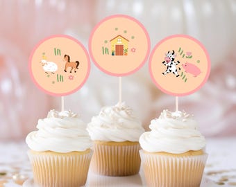 Pink Farm Birthday Cupcake Toppers Favor Tags Barnyard Birthday Party Decor Girl Farm Animals Sticker Modern download Digital PRINTABLE 059