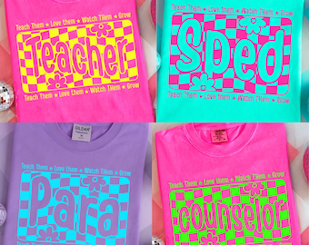 Retro Teacher Sped  Para Counselor PNG, Back to School Png, Groovy Love Them Teach Them Png, Colorful Checkerboard Teacher Sublimation