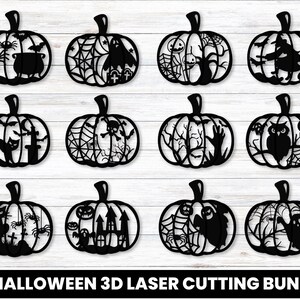 May include: A set of 13 Halloween-themed pumpkin SVG files for laser cutting. Each pumpkin features a different spooky design, including ghosts, bats, spiders, and more.