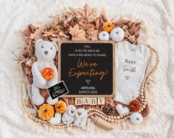 Herbst-Schwangerschaftsankündigung, Babymitteilung, digitaler Download, bearbeitbare Vorlage, Social Media Reveal, Instagram, Kürbis, den wir erwarten